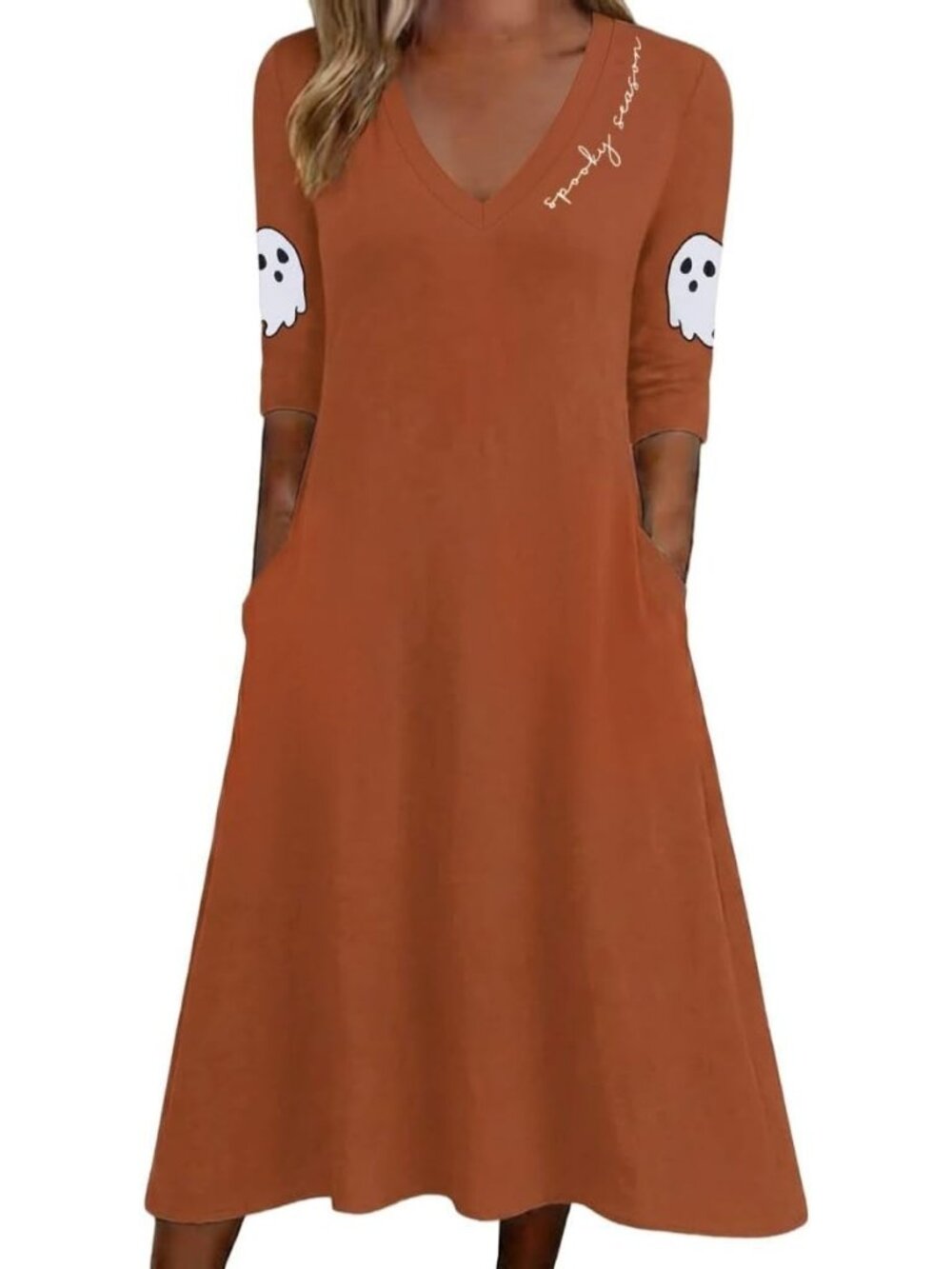 🆕 Women's Halloween Orange Spooky Season Dress Ghost Sleeve V-Neck Pockets